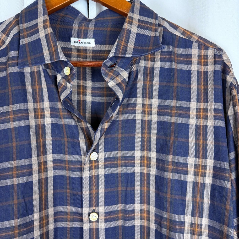 Kiton Mens XXL Blue Plaid Cotton Long Sleeve Button Down Shirt Made in Italy